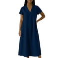 thumbnail image 6 of Guieoi Womens Dresses Plus Size V-Neck Solid-Color Short-Sleeve Flowy Dress Sundresses for Women Summer Blue M, 6 of 6