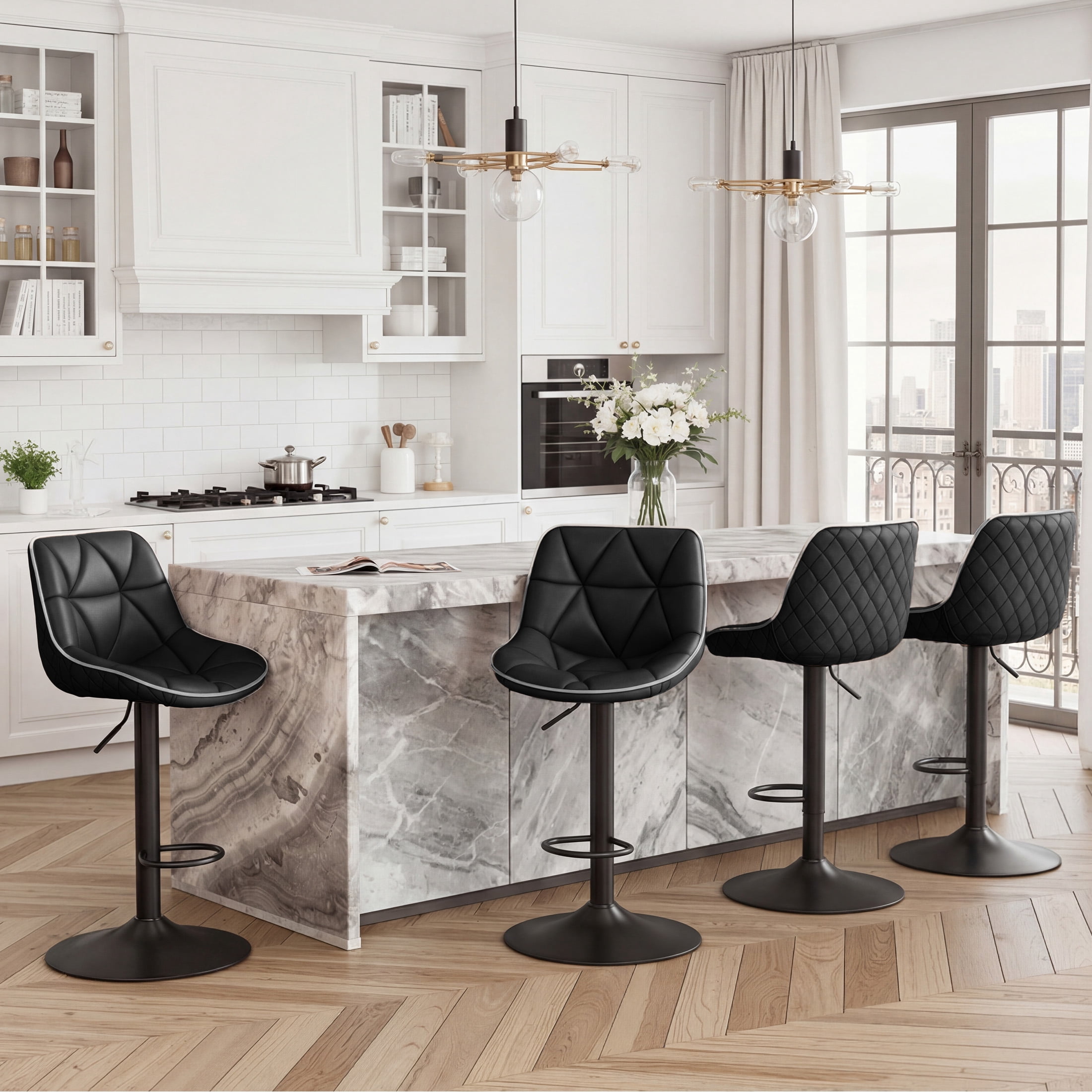 Hawsaiy Bar Stools Set of 4, Adjustable Swivel Counter Height Bar Stools with Back, Upholstered Modern Barstools with Diamond Stitching, Black