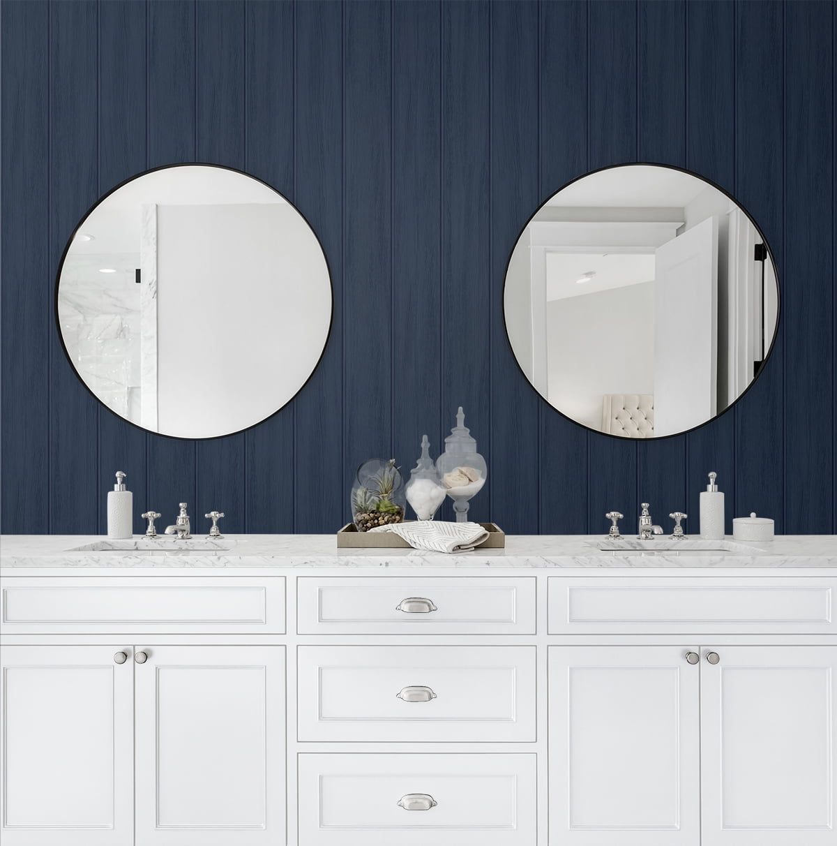 Seabrook Designs Naval Blue Faux Wood Panel Prepasted Wallpaper