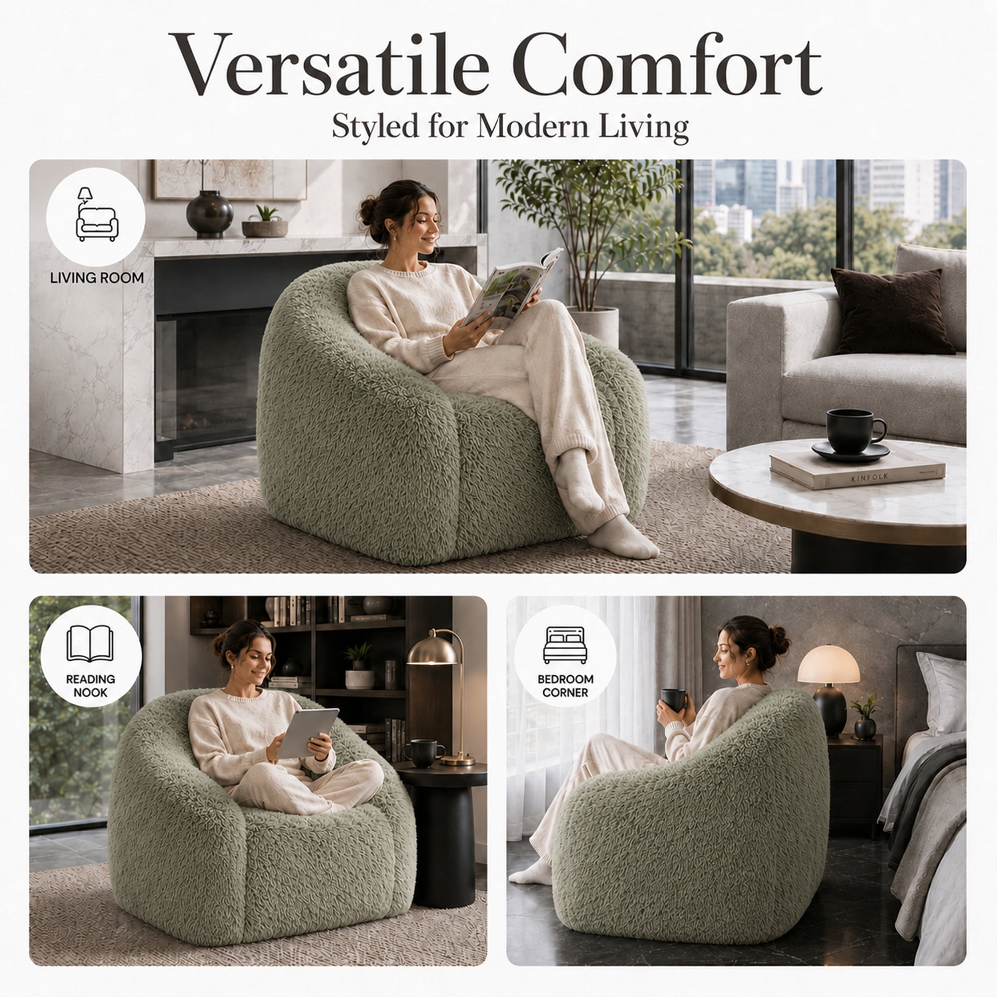 Aenkyo 40.6 Inch Faux Fur Single Sofa Chair, Comfy Lounge Chair in a Box, Green