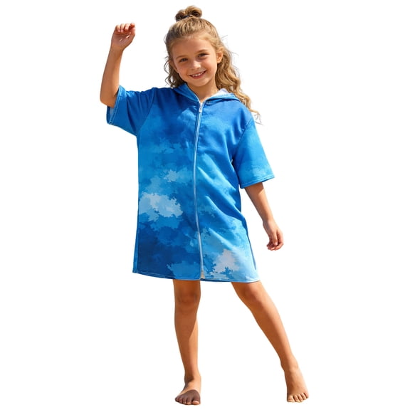 Faraee Unisex Kids Hooded Swim Cover Up Robe Boy Girl Terry Cloth Quick Drying Zip up Bathing Suit for Beach Pool Bath (7-13T,Blue)