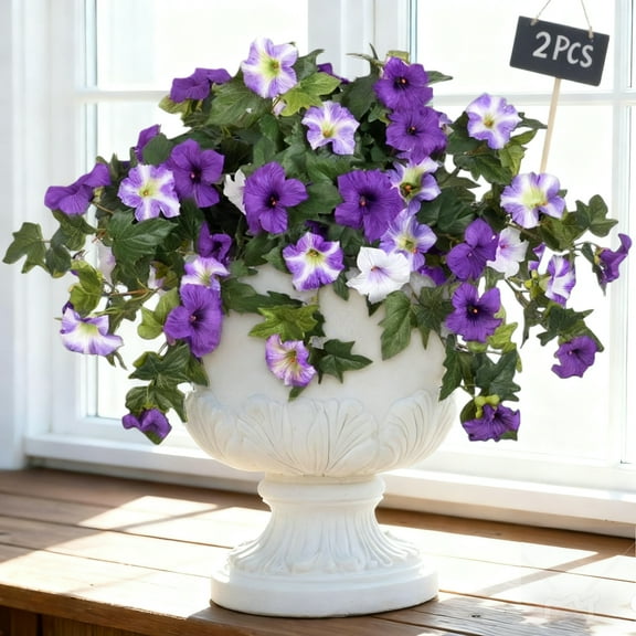 2PCS Artificial Fake Flowers Plants for Outdoor Decoration Faux Petunias Silk Flower UV Resistant No Fade Floral for Home Outside Garden Balcony Yard Porch Realistic Indoor Decor (Purple White)