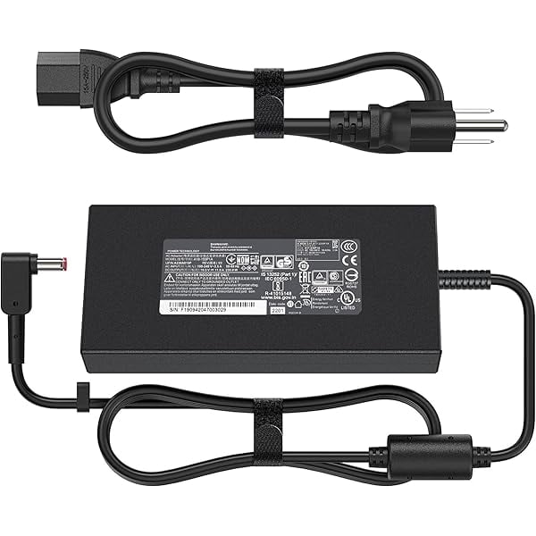 wonima11 230w laptop charger compatible with acer predator helios neo 16 phn16-71 nitro 5 an517-42-r85s helios 300 19v.5 11.8a ac adapter. Adaptador rectangular negro con etiqueta técnica visible, cable de salida con conector de ángulo recto y cable de alimentación desmontable con clavija de pared; cables sujetos con tiras de velcro. A menudo usado como reemplazo de cargadores para laptops gaming Acer.