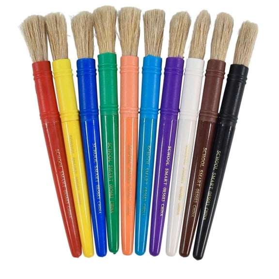 School Smart Beginner Stubby White Bristle Paint Brush Set, 1/2 X 7-1/4 in, Assorted Color, Set of 10