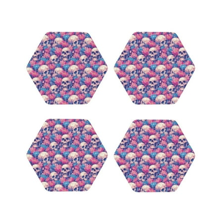 

Pofeuu white Skull blue flower Print Coasters for Drinks 4Pack PU Leather Coasters Bar Drink Coasters for Tabletop Protection Furniture from Damage-Hexagon