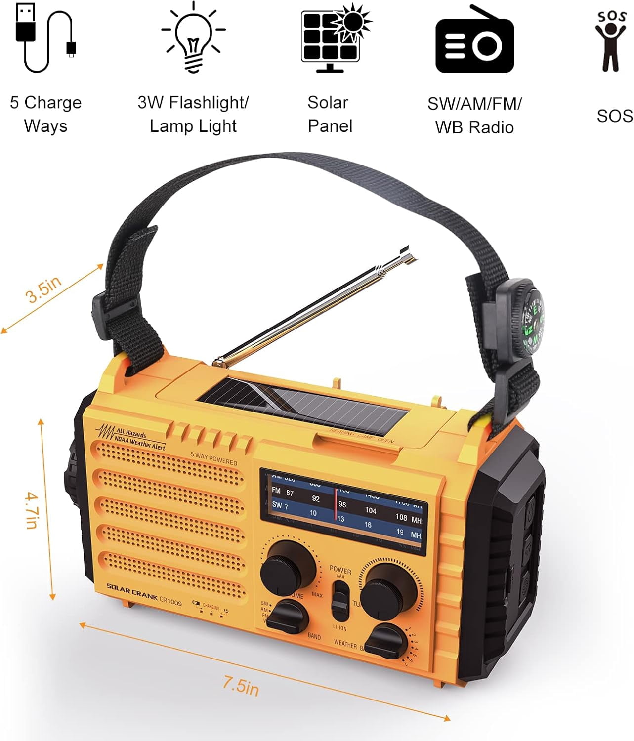Weather Radio, 5000mAh/18500mWh NOAA Weather Radio, Solar Hand Crank Emergency Radio with AM/FM/SW/NOAA Weather Alert, Flashlight, Reading Lamp, Cell Phone Charger and SOS Siren.Product promotion