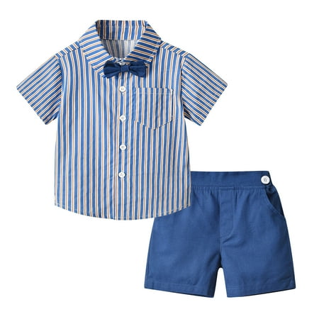 

TAIAOJING Toddler Boys Summer 2PCS Outfit Sets Boys Short Sleeve Shirt Striped Tops Shorts With Tie Child Kids Gentleman Outfits 12-18 Months
