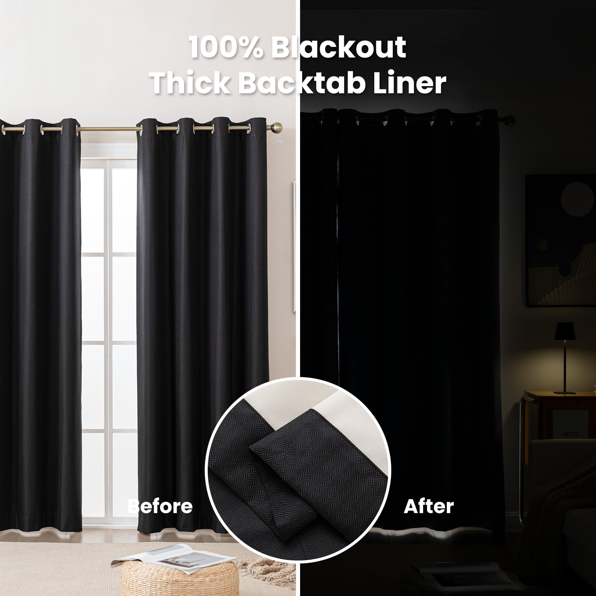 Sleep Zone Solid Herringbone Blackout Curtains Pack of 2, Drapes for Living Room, 52" x 84" Black
