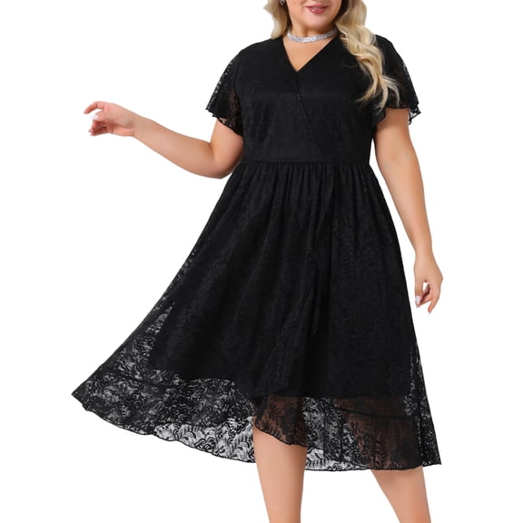 DARING DIVA Womens Plus Size Lace Cocktail Faux Wrap V Neck Midi Dress 1X Black