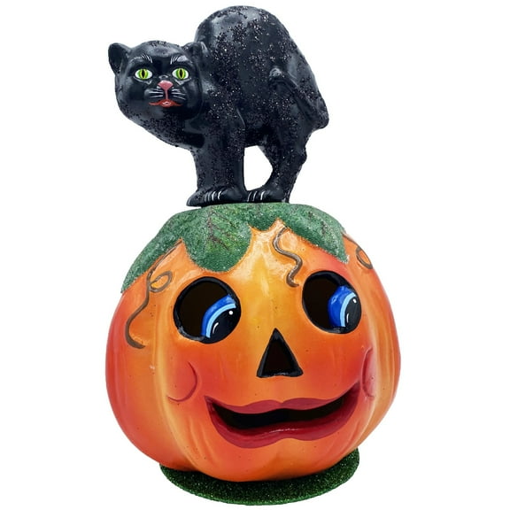 Alexander Taron 10.5” Schaller Paper Mache Black Cat on Jack-O-Lantern Halloween Candy Container