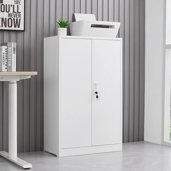 42" Metal Storage Cabinet, Locking Steel Cabinet with 2 Doors and Adjustable Shelves, Multi-Purpose Storage for Office, Home, Garage, Gym, School (White)