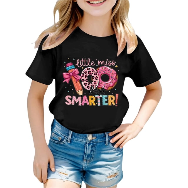 Rhuody Hauts Fille T-Shirt à Manches Courtes T-Shirt à Imprimés de Lettres Tee Rentrée des Classes Coupe Ample Col Ras du Cou Haut Tenue Rétro Noir 1-2 Ans
