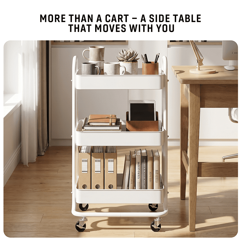 Fenbeli 3-Tier Metal Rolling Utility Cart with Wheels, White, 18"L x 13.4"W x 31"H