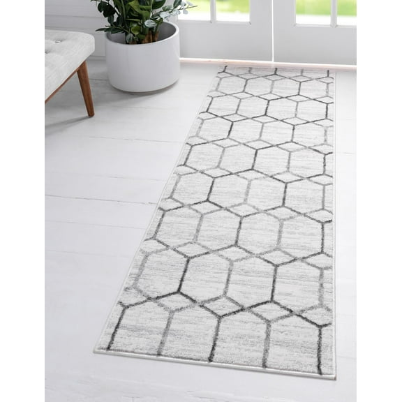 Rugs.com Lattice Trellis Collection Rug – 10 Ft Runner White Low-Pile Rug Perfect For Hallways, Entryways