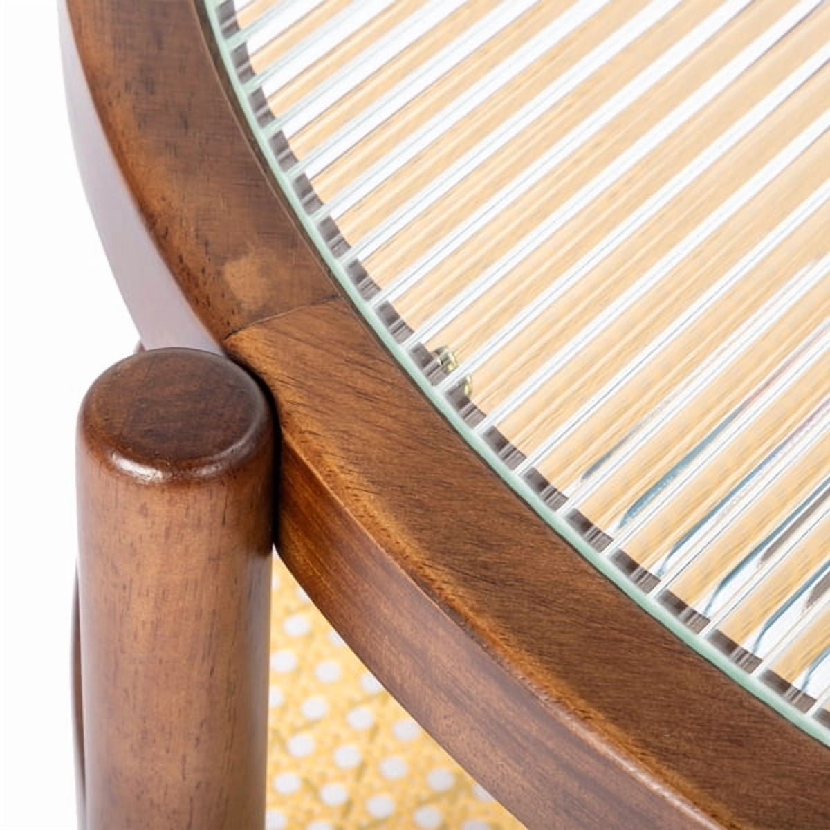 31.5" Rattan Coffee Table - Round Tempered Glass Top , Hand-Woven Rattan Shelf, Rubberwood Frame, Indoor/Outdoor Use for Living Room, Patio, Bedroom, Balcony