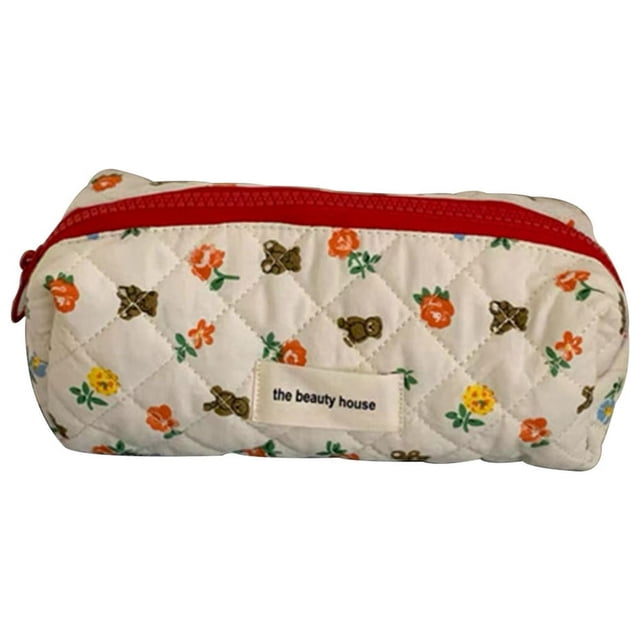 MesaSe Cosmetic Bag Cartoon Large Capacity Foldable Zipper Design Space-saving Storage Portable Bear Flower Print Toiletry Pouch Travel Handbag Daily Use