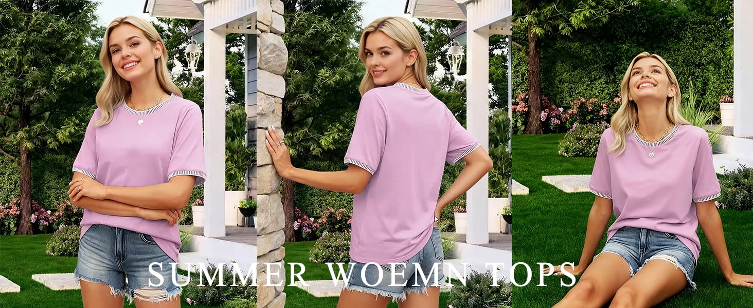 MOSHU Dressy Women Tops Crewneck Blouses for Women Striped Colorblock Short Sleeve Shirts Casual Summer Tops
