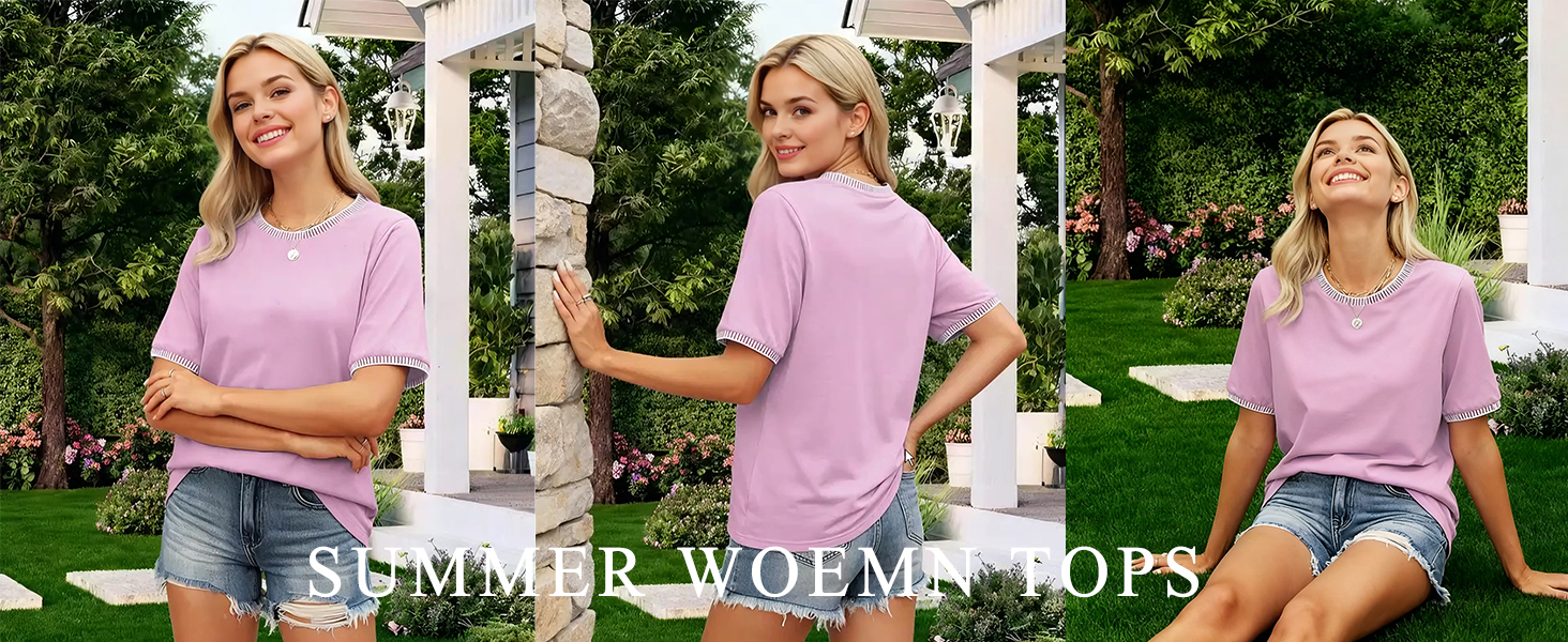 MOSHU Women's Colorblock Crew Neck Short Sleeve Blouse, Purple photo 7