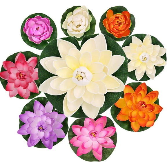 NAVAdeal 9PCS Assorted Artificial Floating Foam Lotus Flower for Pool, Realistic Water Lily Pad, Pink Ivory Orange Crimson Purple, Perfect for Home Outdoor Patio Pond Aquarium Wedding Party Decor