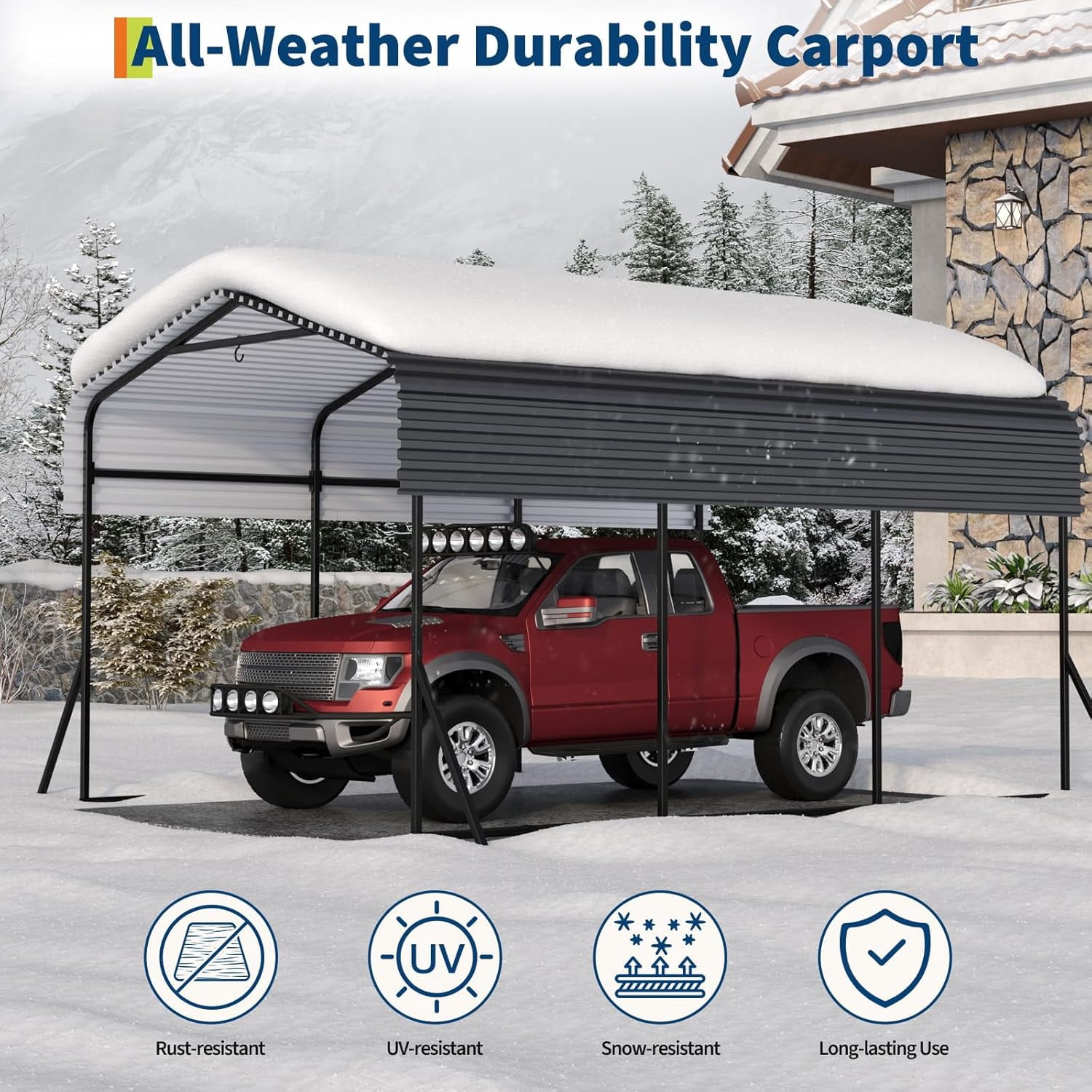 Metal Carport, 10x15 FT Outdoor Carport Canopy with Reinforced Base and Galvanized Steel Roof, Heavy Duty Garage Car Shelter Shade for SUV, Truck, Boats