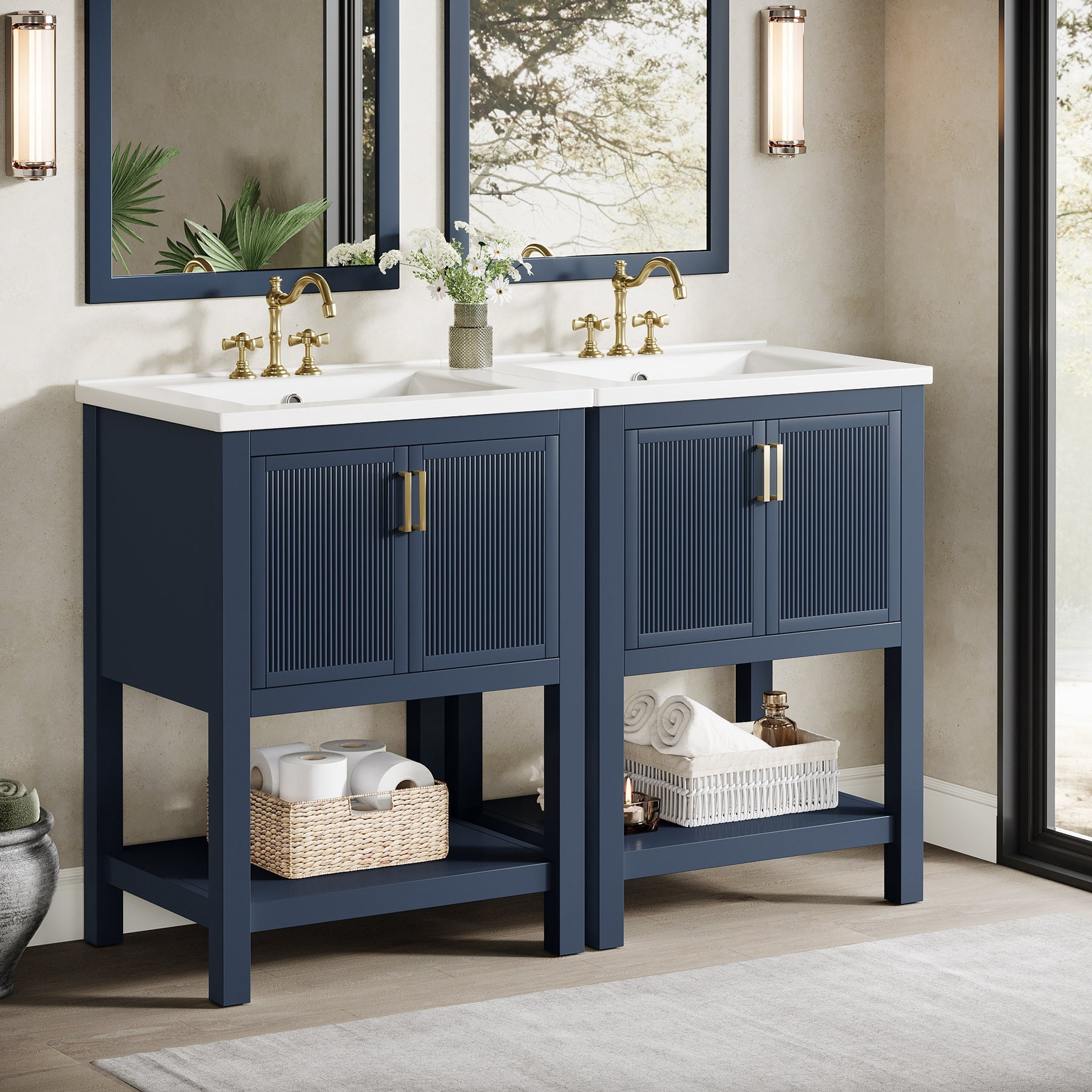 Fnova 24" Bathroom Vanity with Sink, Modern Bathroom Sink Cabinet with Ceramic Basin for Small Space, Freestanding Storage Cabinet with 2 Doors & 1 Open Shelf, Navy Blue