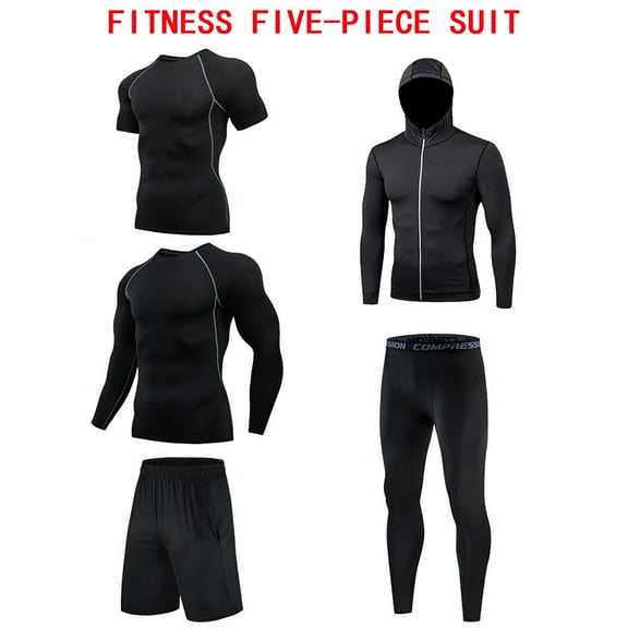APEXFWDT 5Pcs Men's Compression Pants Shirt Top Long Sleeve Jacket Athletic Sets Quick Dry Gym Clothing Men Workout Shorts Running Sets