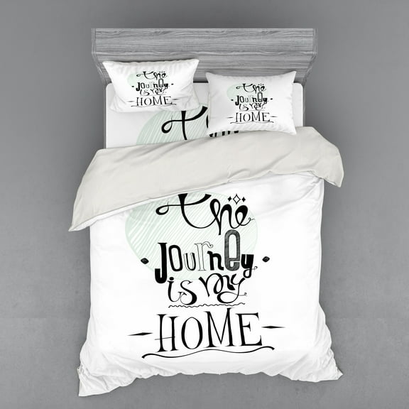 Saying Duvet Cover Set, Grunge the Journey is My Home Lettering Hatched Round, Bedding Set with Shams and Fitted Sheet, 3 Sizes, by Ambesonne