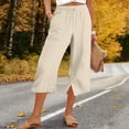thumbnail image 2 of Side Slit Capris for Women Summer Wide Leg Pants Beach Casual Elastiv Wasited Trousers with Pockets Khaki S, 2 of 5
