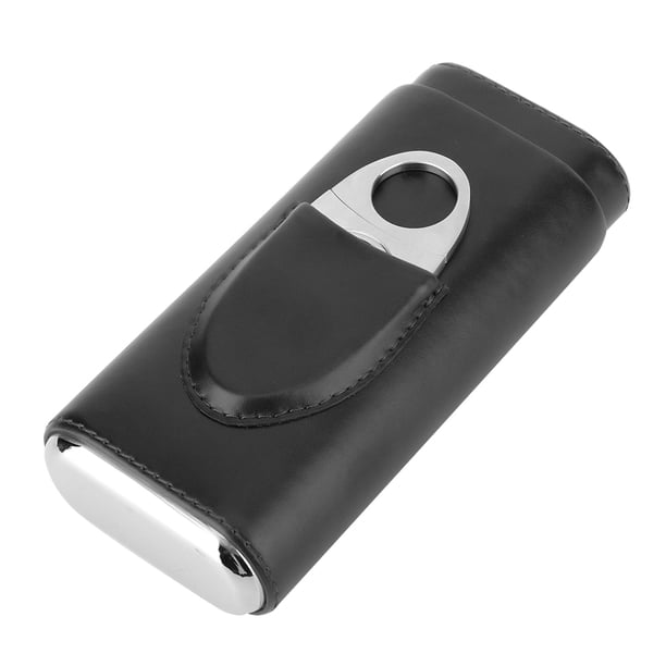 Estuche para cigarros de cuero portátil Humidor de cigarros forrado de madera de cedro con cortador (para 3 cigarros negros)