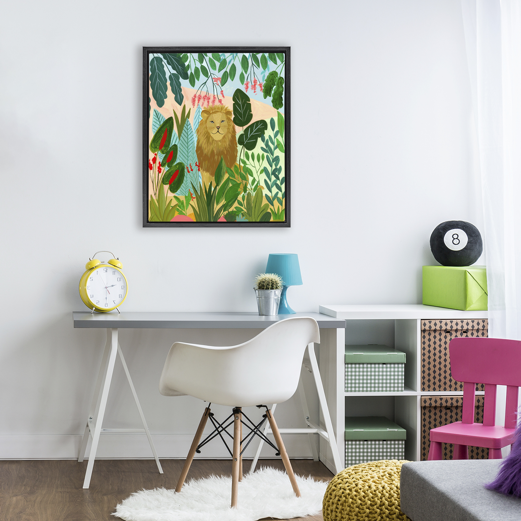 Stoic Lion Tropical Forest Black Framed Floater Canvas Wall Art, design by Nabeela Rumi