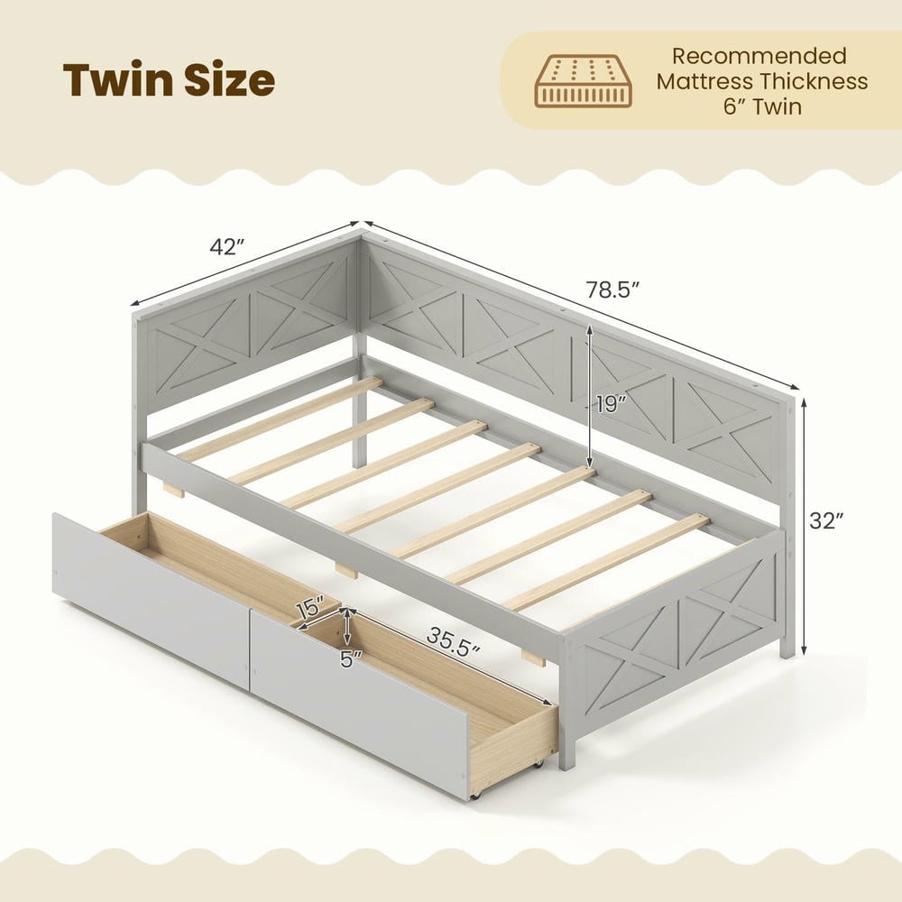 Barara King Twin Size Bedroom Trundle Bed Frame with 2 Storage Drawers and No Box Spring Needed, Bed Platform Frame for Bedroom, Apartment, Gray