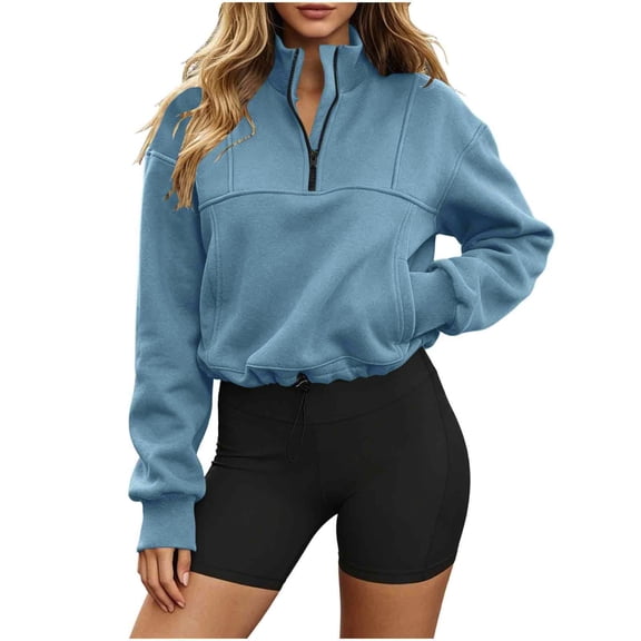 hoksml Women Half Zip Stand Collar Drawstring Hem Cropped Sweatshirt Drop Shoulder Pocket Long Sleeve Pullover for Sport Street Daily