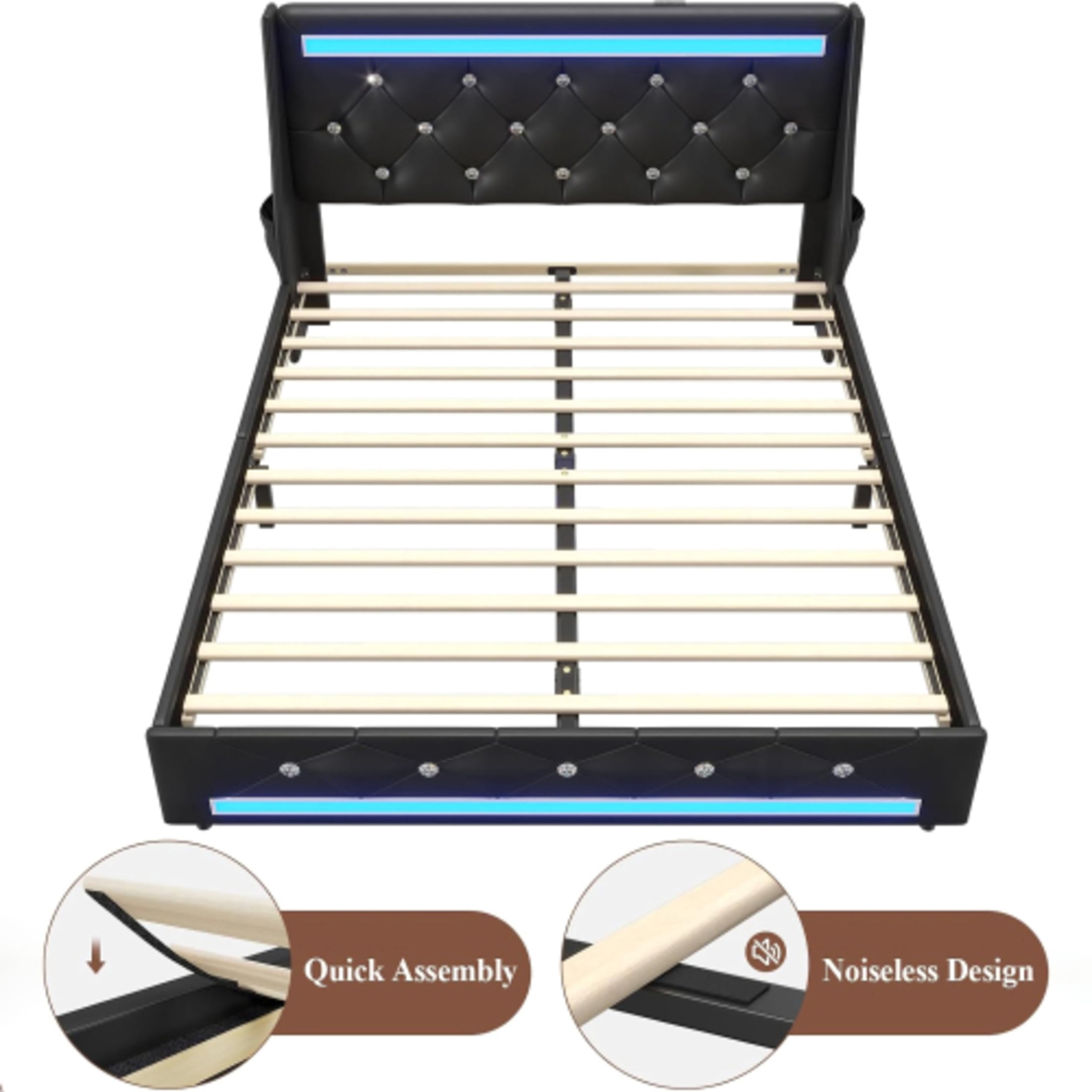 Noble House Eille Full Size Upholstered Bed Frame with LED Lights & Charging Station, Diamond Headboard, Black