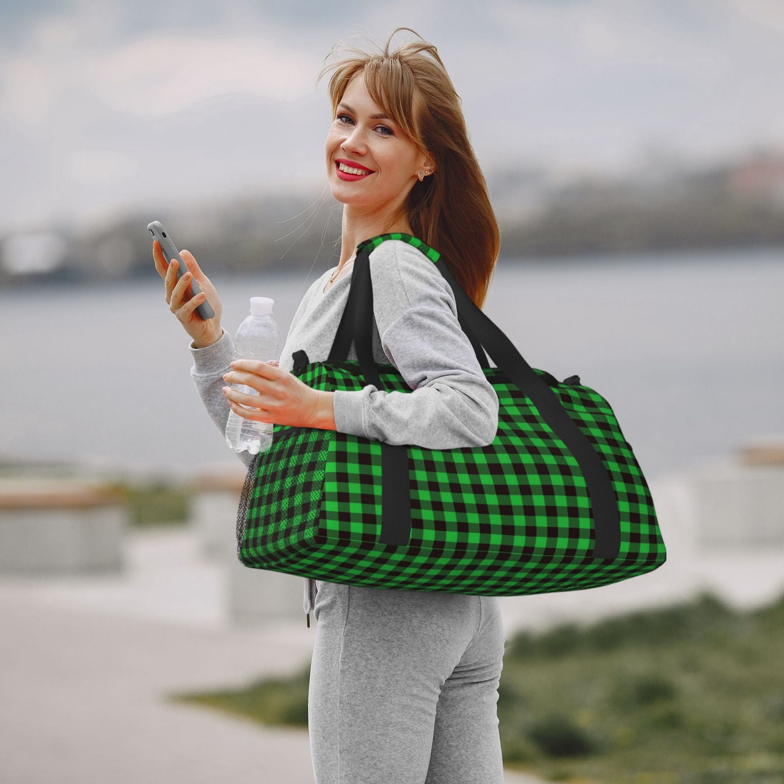 Fuzoiu Buffalo Plaid Green Black Print Travel Duffle Bag,Carry On Tote Bags,Duffel Bag,Sport Gym Bag, Hospital Bag for Labor and Delivery, Overnight Bag,Luggage Bag
