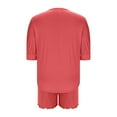 thumbnail image 4 of Caywon Ladies' Casual Loose V-Neck Three Quarter Sleeve Sleeved Lace Shorts Pajama Set Casual Solid Color Oversized Shirts Biker Shorts(Red,L), 4 of 6