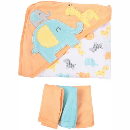 Gerber Newborn Baby Towel and Washcloths Bath Gift Set, Safari, 4 PIece