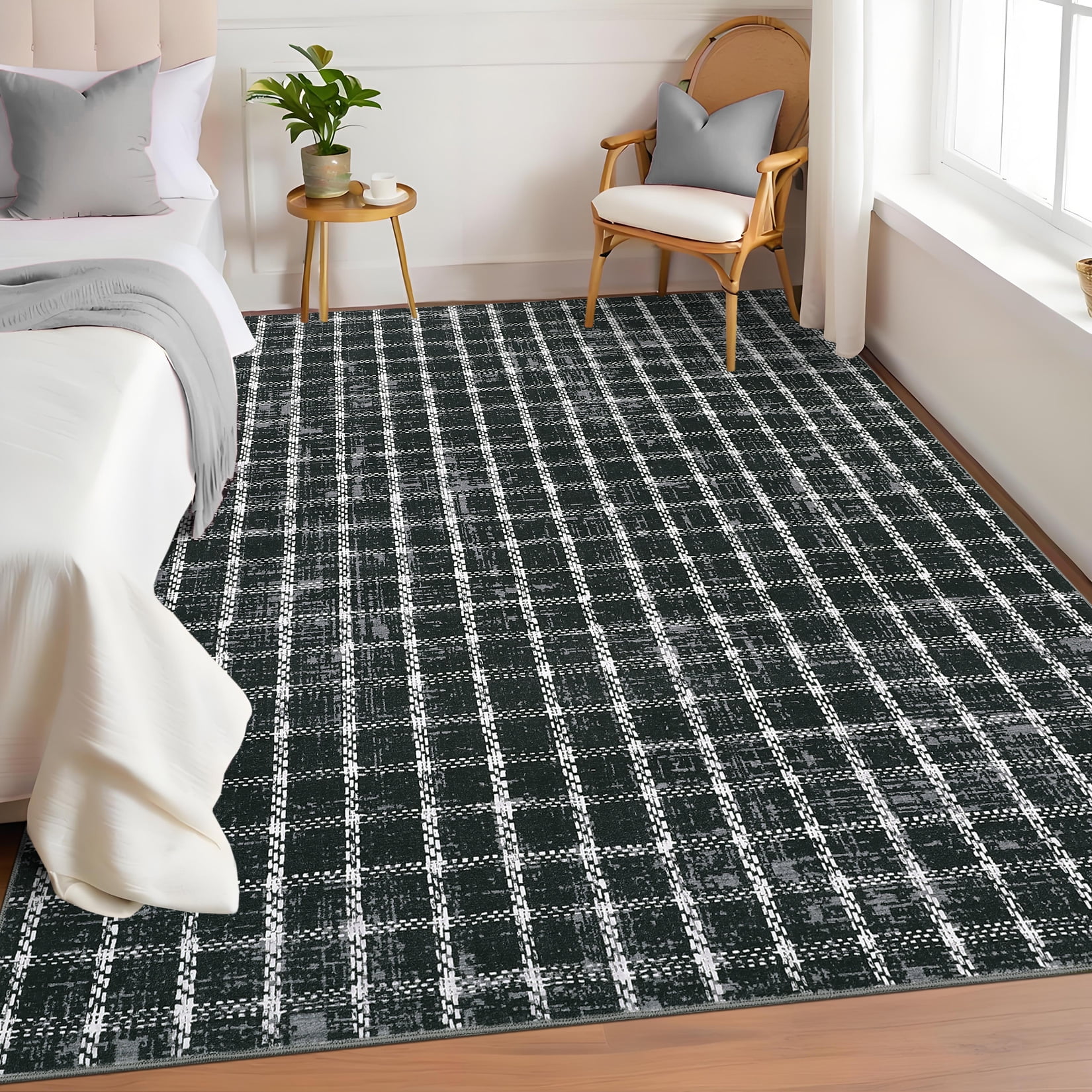 HOMERRY Area Rug 3' x 5' Rugs for Living Room Modern Washable Indoor Plaid Print Carpet, Black
