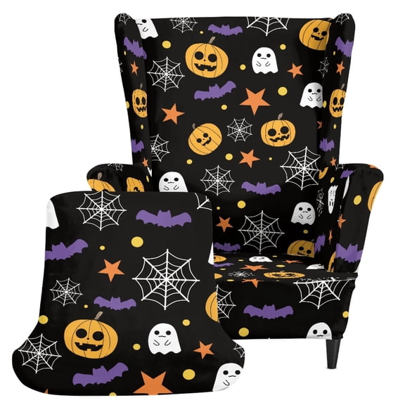 Pzuqiu Pumpkin Spider Web Wingback Chair Cover with Washable, 2 Piece Wingback Chair Slipcover with Stain-Resistant Anti Wear Wing Chair Slipcovers for Kids