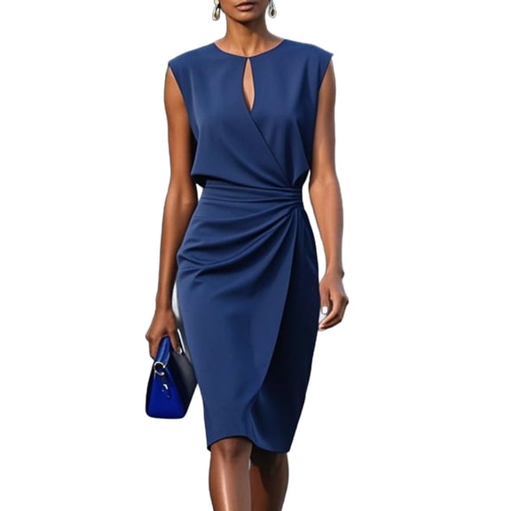 gakvbuo Summer Tank Dress For Women Evening Gown Dress Sundress Women Keyhole Neck Sleeveless Ruched Waist Solid-Color Wedding Duest Dresses