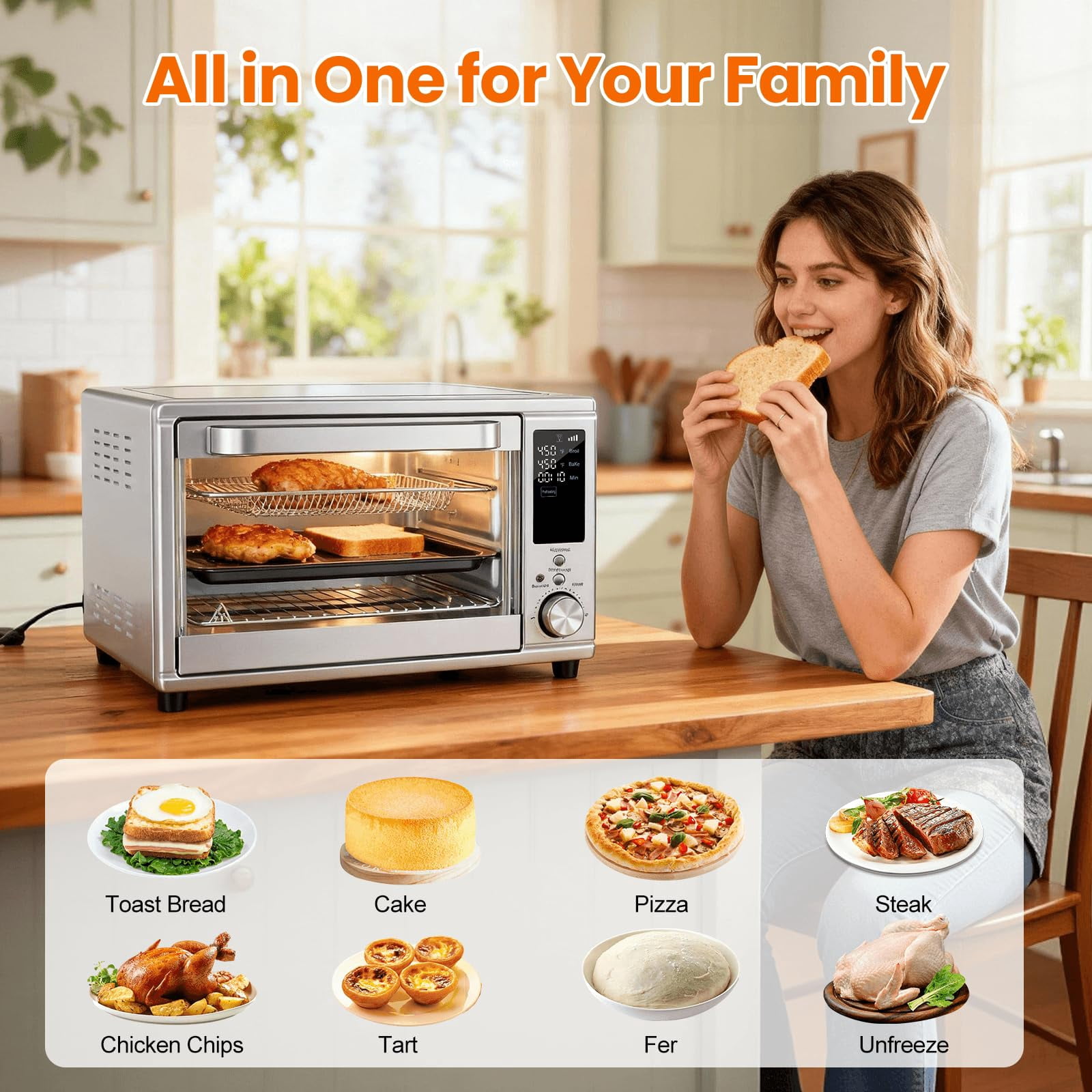 LIFERECORD Air Fryer Toaster Oven Combo Extra Large 29.6QT, Countertop Smart Probe Oven with 12 Functions in 1, Stainless Steel, 7 Accessories, Up to 450°F