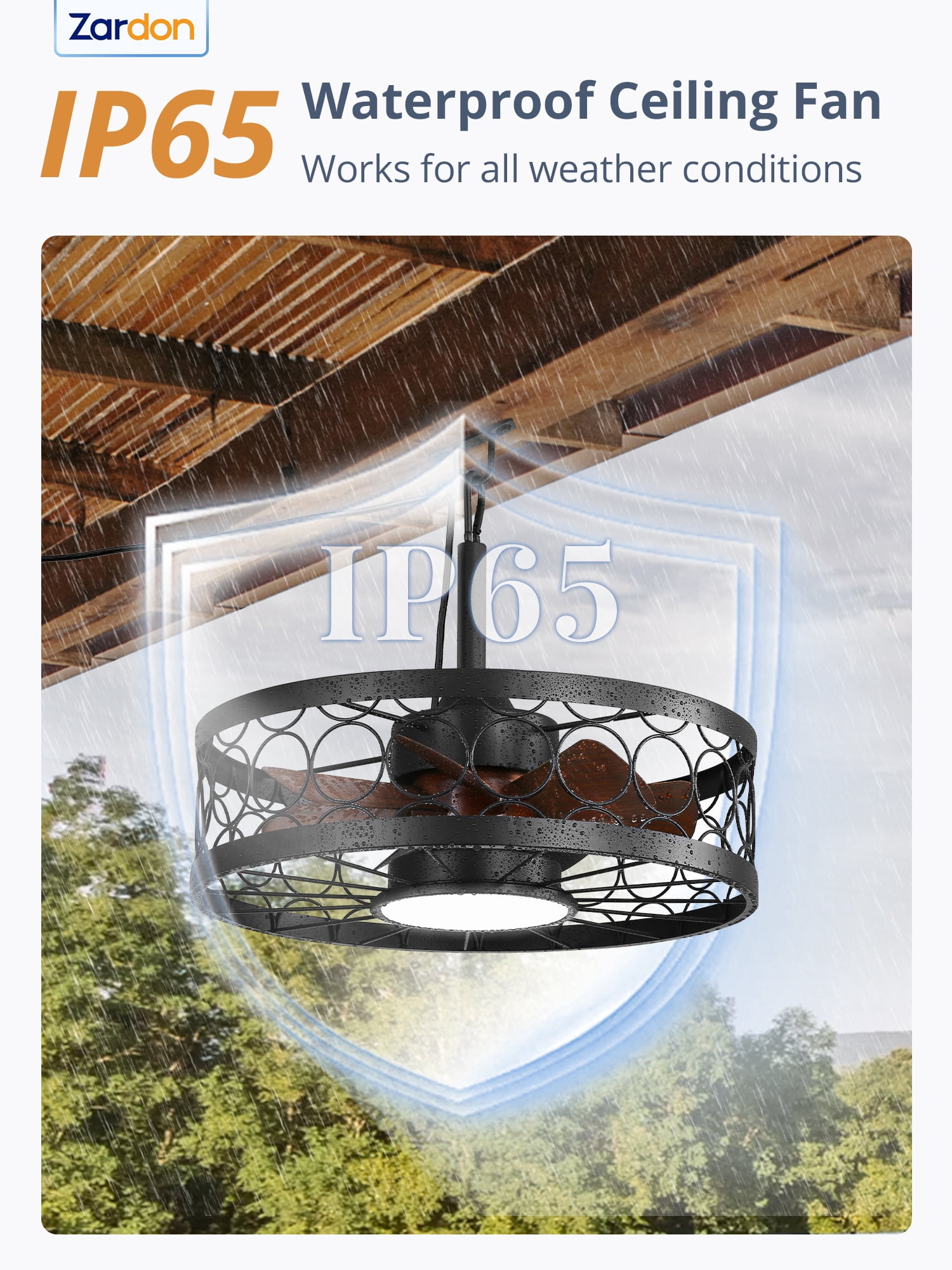 Zardon 20in Outdoor Ceiling Fans with Light and Remote Control, Caged Canopy Fan with Plug in Cord for Porch, Patio, Gazebo, Waterproof, Black