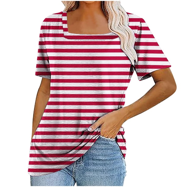 Tops Cortos para Mujeres Cuello de Color de Raya Manga Corta Casual para Uso Diario Y de Fiesta