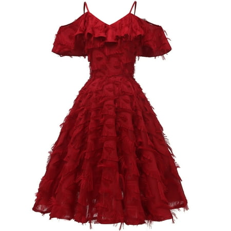 

BDFZL Dresses for Women 2022 Women Suspenders Ruffled Sexy Tassel Evening Dress Bridesmaid Prom Vintage Corset Dress Wine L-