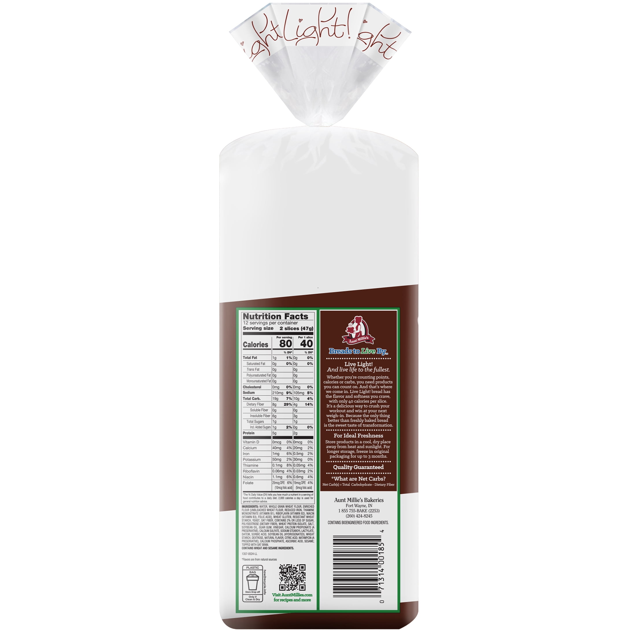 Aunt Millie's Live Light! Whole Grain Bread Loaf, 20 oz
