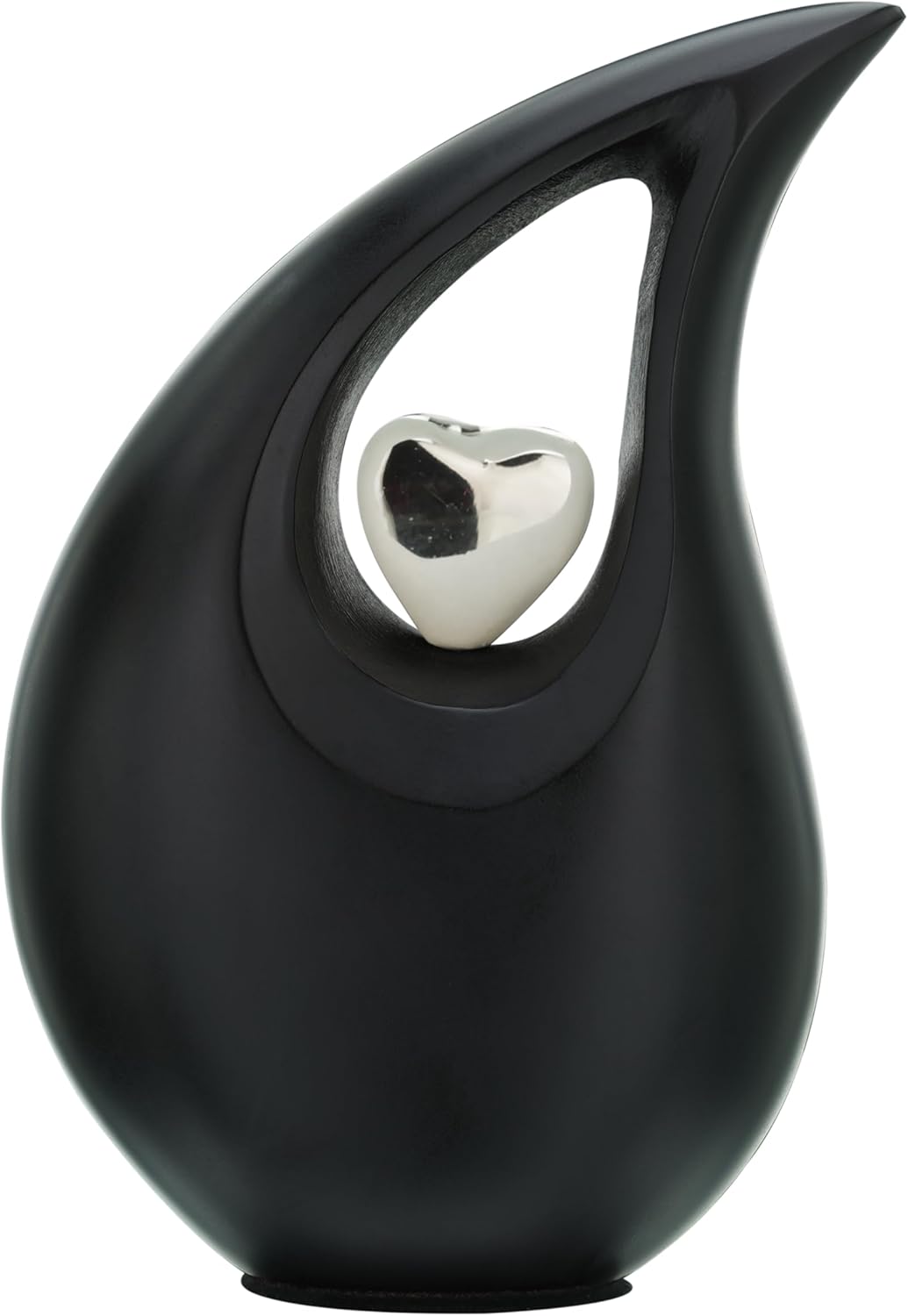 Black Matte Tear Drop Small Urns for Human Ashes with Silver Heart (6 Inch Height) - Unique Medium Urn - Decorative Urns - Cremation Urn - Burial Urns - Keepsake Urn - Funeral Urn - Small Pet Urns