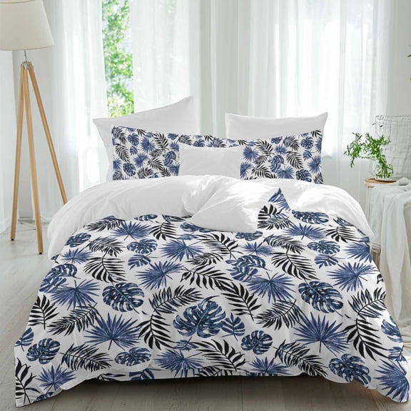 Monstera Palm Leaf Comforter Set Twin Size, Tropical Blue Black Botanical Fern Branch Soft Bedding Set for Man Woman, 4 Pieces Duvet Cover Set with Fitted Sheet, 2 Pillowcases