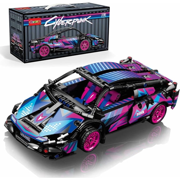 Building-Block Race-Car Set, 1:18 Technical Model Kit 586 Pcs DIY Pull-Back Cyberpunk Toy for Boy Girl Kid Age 6 Year, Birthday Gift for Teen Adult Display, Speed Super Sports Cars Bricks Icons