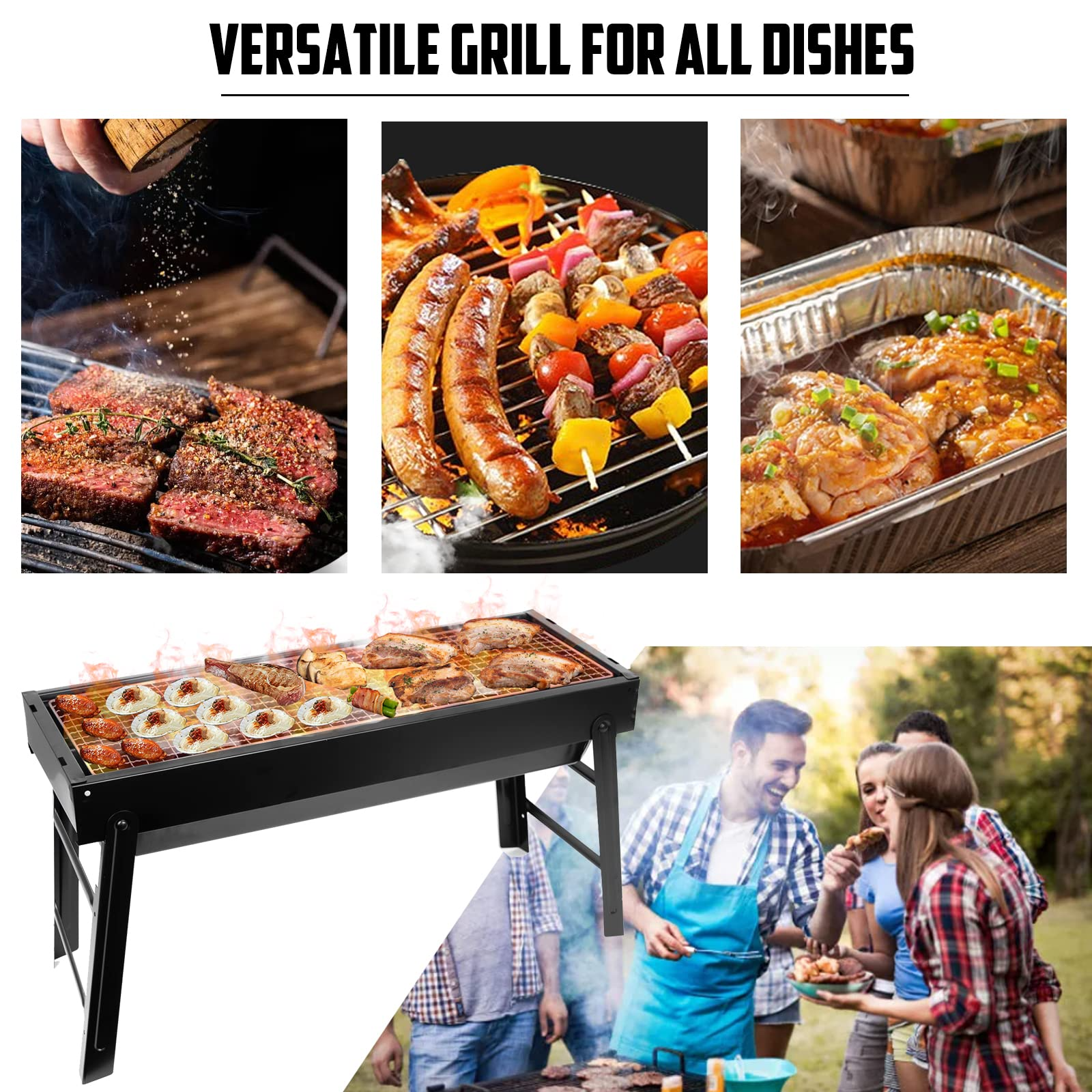 Barbecue Charcoal Grill for Camping, 24 in Mini Grill Stainless Steel Foldable Portable Grill, BBQ Tool Kit for Outdoor Camping Cooking Gear Picnics Beach Home Backyard Party BBQ Beginner