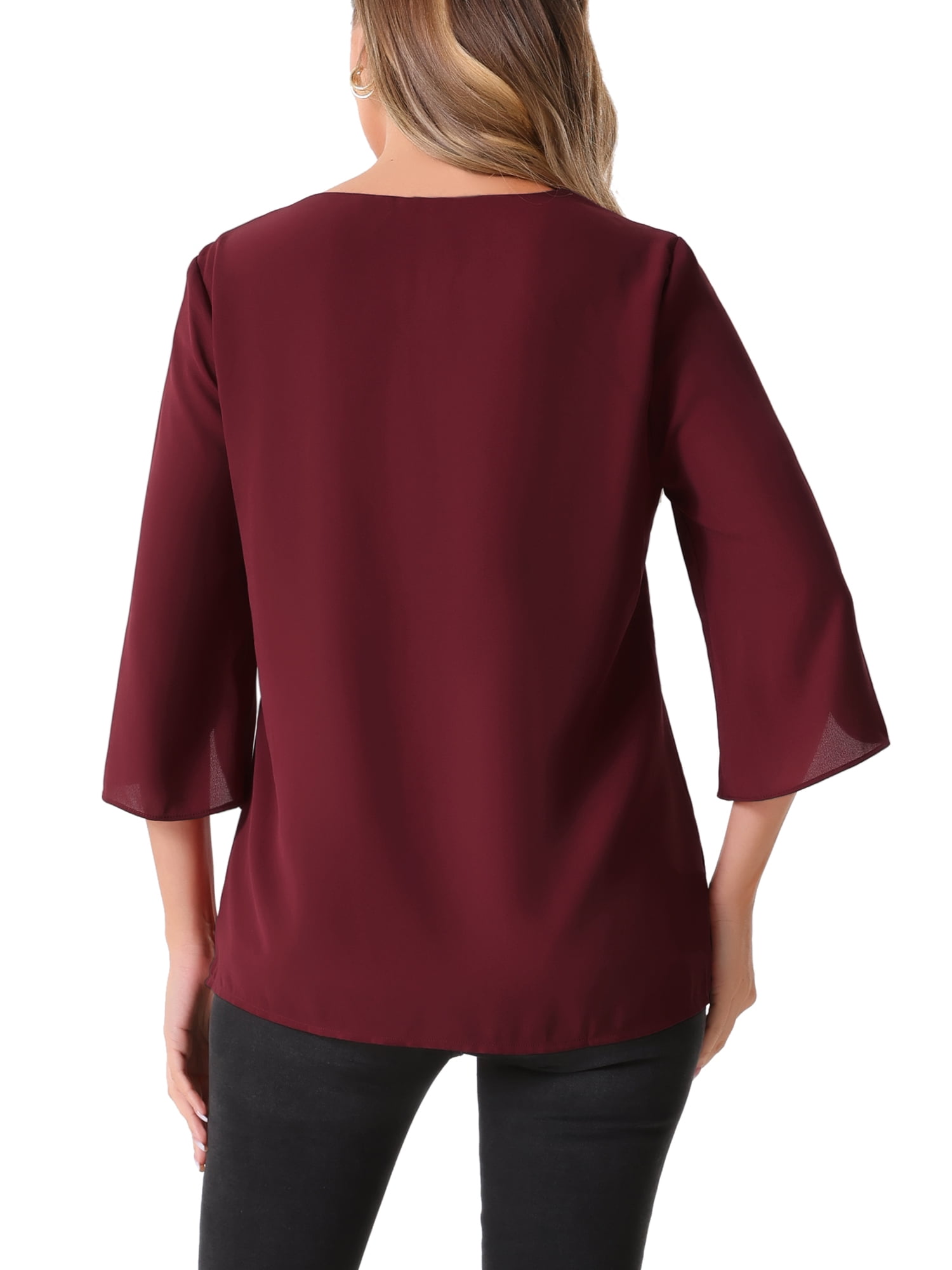 Unique Bargains Women's 3/4 Split Sleeve V Neck Mesh Blouse Casual Dressy  Tunic Top Burgundy XS - Walmart.ca