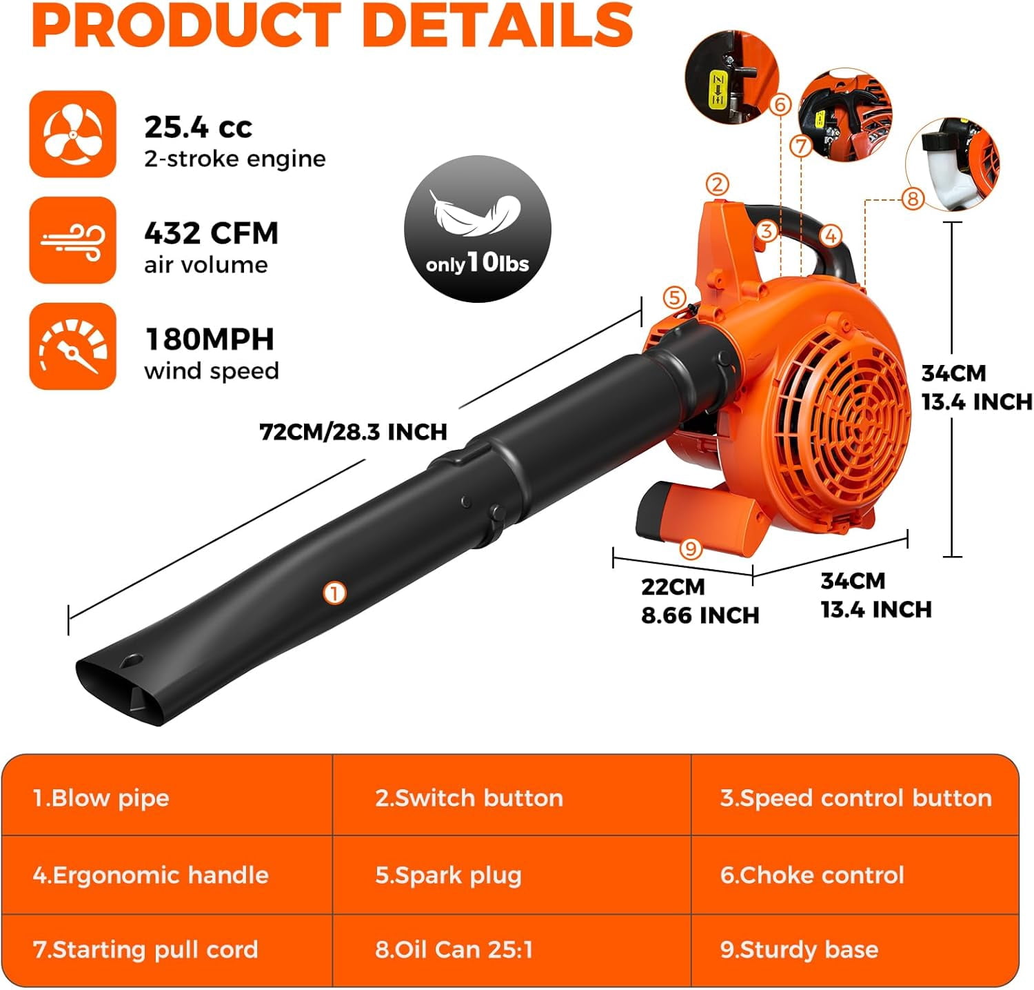 25.4cc Gas Leaf Blower Handheld, 432CFM 180MPH 2-Cycle Gas Powered Blower with Cruise Control, Lightweight Leaf Blower for Lawn Yard Garden Cleanup
